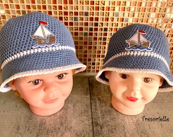 Spring summer BOB HAT in Blue Jean and white cotton and boat embroidery, Sun hat, Hand crocheted for baby and child