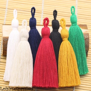 POMPOM TASSEL FRINGE Cotton ** 8 cm ** blue, ecru, white, yellow, pink, red, black, orange, green - Buttonhole fastener - Sold individually