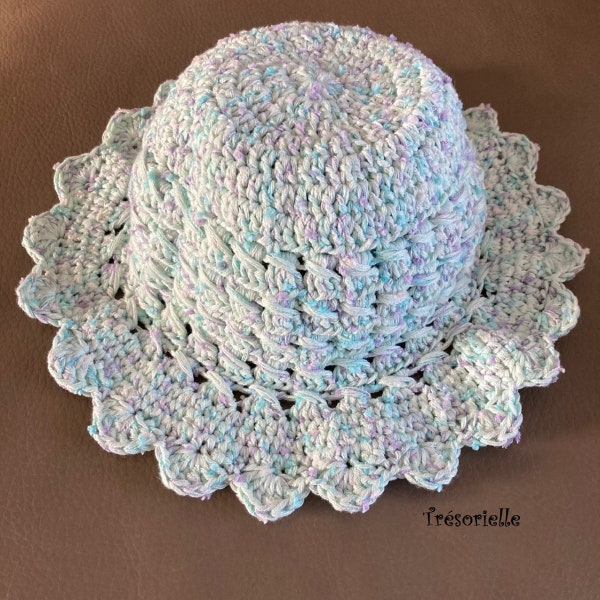 CHAPEAU printemps été en coton Vert d'eau chiné, Chapeau de soleil, Crocheté main en France pour enfant 2 à 3 ans, Modèle Laura,