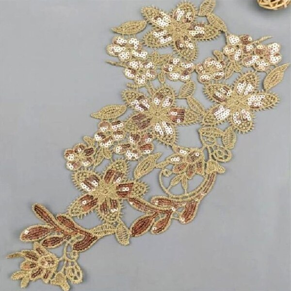 APPLIQUE Fleur arabesque sequin / BEIGE  DORÉ ** 15 x 28 cm ** Dentelle Guipure mariage - ACD04 bis