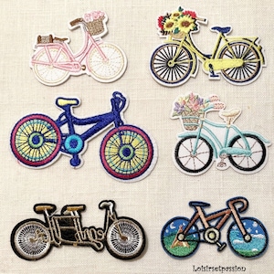 Embroidered iron-on patch badge - TENDEM BICYCLE BIKE, Flowered Basket - Pink, Blue, Black, yellow, landscape of your choice - Iron-on applique