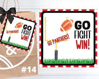 Könnte beinhalten: Druckbarer Geschenktasche mit einem Fußball-Design und dem Text "Go Panthers! Go Fight Win!" auf einem Etikett. Die Tasche ist braun mit einem weißen Fußball-Design und der Nummer 14.