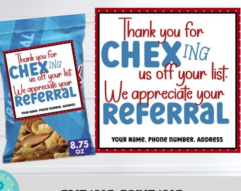 Chex Mix Referral Tag, Real Estate Marketing Gift (Editable Printable)