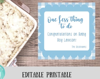 May include: A blue and white gingham printable card with a scalloped border. The card says "One less thing to do. Congratulations on Baby Boy Lawson! The Beckhams."