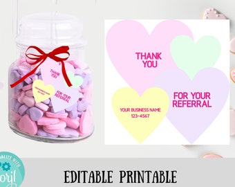 May include: Printable thank you and referral cards featuring three pastel hearts with the text "Thank You" and "For Your Referral". The cards are designed to be printed and used for business.