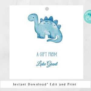 Printable, Editable INSTANT DOWNLOAD, Dinosaur Blue Watercolor boy gift tag, Gift enclosure, enclosure card