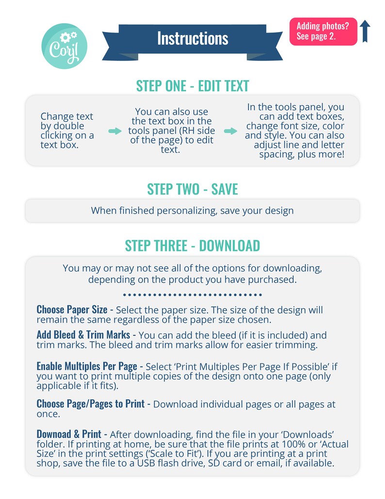 May include: A colourful infographic with instructions on how to edit, save, and download a design. The steps include editing text, saving the design, and downloading the file. The infographic also includes information on choosing paper size, adding bleed and trim marks, enabling multiples per page, and choosing pages to print.