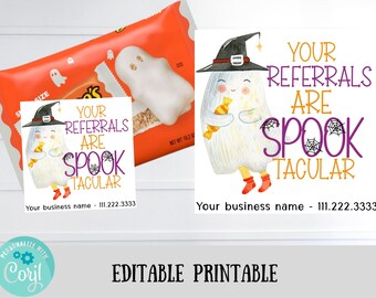 May include: A Halloween-themed printable featuring a watercolor ghost wearing a witch hat and holding candy. The text reads "Your Referrals Are Spooktacular." The image is paired with a Reese's Peanut Butter Cup snack.
