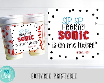 Sip Sip Hooray Sonic Drink Gift Tag Sticker, Business Marketing Tag, Sonic Gift Card Tag, Bulk Gift Idea, Employee Appreciation gift