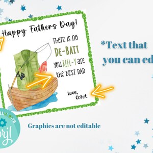 May include: A printable Father's Day card with a fishing theme. The card features a cartoon illustration of a fishing boat, a fishing vest, a fishing rod, and a fish. The text on the card reads "Happy Fathers Day! There is no DE-BAIT you REEL-Y are the BEST DAD. Love, Grant".