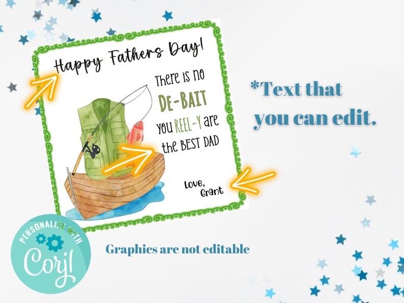 May include: A printable Father's Day card with a fishing theme. The card features a cartoon illustration of a fishing boat, a fishing vest, a fishing rod, and a fish. The text on the card reads "Happy Fathers Day! There is no DE-BAIT you REEL-Y are the BEST DAD. Love, Grant".
