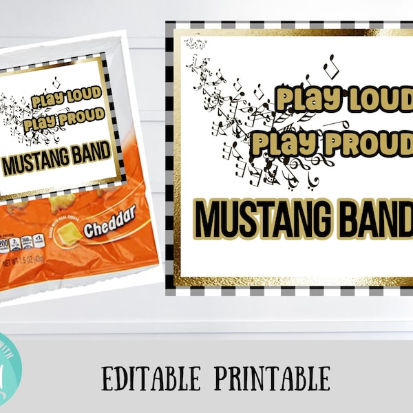Editable- High School Marching Band Gift tag, Game Day Snack, Mustang Band Halftime Show Treat