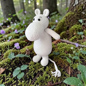 May include: A white crocheted Moomin character stands in a forest setting. The plush figure has a rounded body, small arms, and a long tail. The background features green moss, purple flowers, and trees.