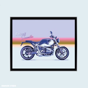 BMW R nine Scrambler unofficial poster, colourful, Miami Vice, Downloadable Print