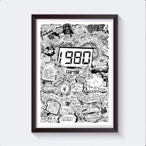 Born In 1980 Druck - Hand illustriertes Vintage Kunstwerk - Besonderes Geburtstagsgeschenk für ihn/sie/Mama/Papa/Freund - Retro Poster Kunst