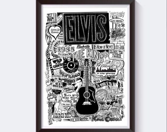 Elvis Inspired Print - Hand Illustrated Vintage Artwork - Special Birthday Gift for him/her/mum/dad/boyfriend - Retro Poster Art