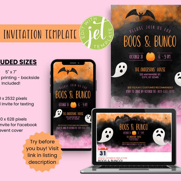 Pink and Orange Halloween Boos & Bunco Digital Invitation - Editable Template October Bunko Invitation
