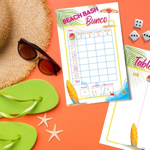Printable Beach Bash Bunco Set with Scorecards, Tally Sheets, Table Numbers, Moving Directions - DIGTAL DOWNLOAD