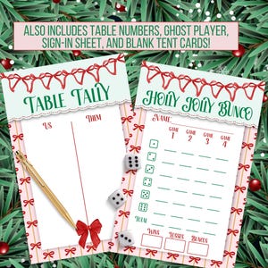May include: Two printable Christmas-themed game cards. The first card is a pink and white "Table Tally" scorecard with red bows and a gold pen. The second card is a green and white "Holy Jolly Bunco" scorecard with red bows. Both cards have a festive Christmas theme.