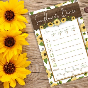 Printable Sunflower Bunco Set with Score Sheets, Tally Sheets, Table Numbers, Ghost Player, and Sign-In - DIGITAL DOWNLOAD
