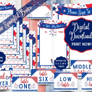 Printable Star Spangled Bunco Set with Scorecards, Tally Sheets, Table Numbers - 4th of July Bunko Dice Game Digital Download