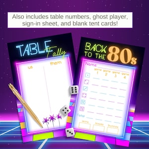 Ensemble imprimable Neon Bunco des années 80 avec cartes de pointage, feuilles de pointage, numéros de table, joueur fantôme - jeu de dés en téléchargement numérique