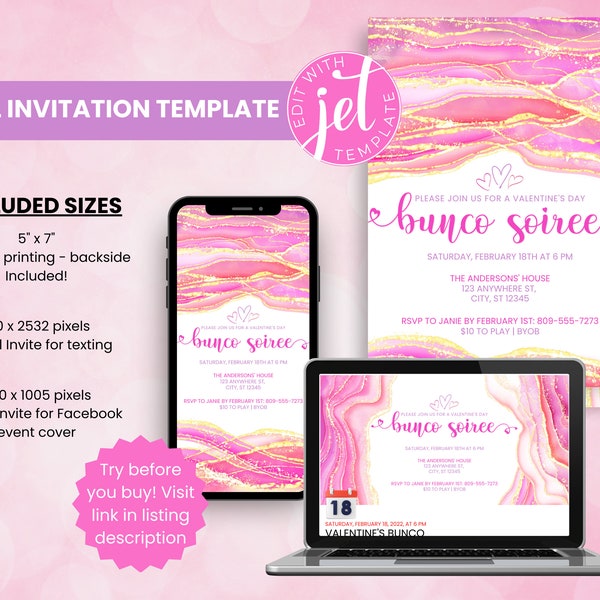 Valentine's Day Bunco Digital Invitation - Editable Template February Galentine's Bunko Invitation