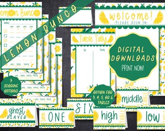 Printable Lemon Bunco Set with Scorecards, Tally Sheets, Table Numbers - June Bunko Dice Game Digital Download - Summer Bunco Theme Idea