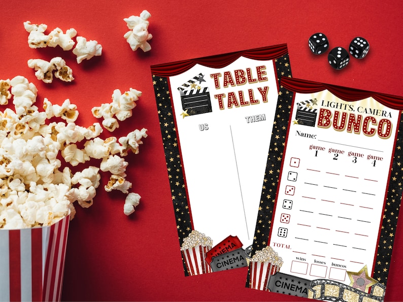 Printable Movie Night Bunco Set With Scorecards, Tally Sheets, Table ...