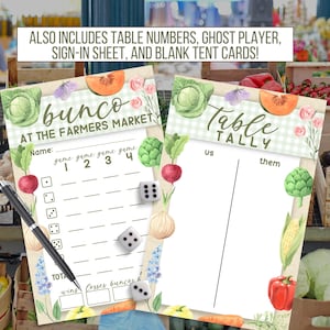 Imprimable Farmers Market Bunco avec cartes de pointage, feuilles de pointage, numéros de table, joueur fantôme - jeu de dés en téléchargement numérique Girls Night