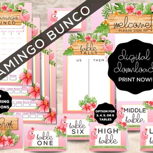 Digital Download Flamingo Themed Bunco Scorecard Set - Score Sheets, Ghost Player, Sign-In Sheet, and Table Numbers with Moving Directions