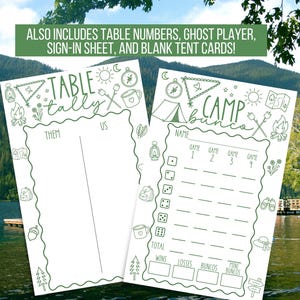May include: Two white camping-themed game sheets with green outlines and text. One sheet says "Table Tally" and the other says "Camp Bunco". The image also includes table numbers, a ghost player, a sign-in sheet, and blank tent cards.