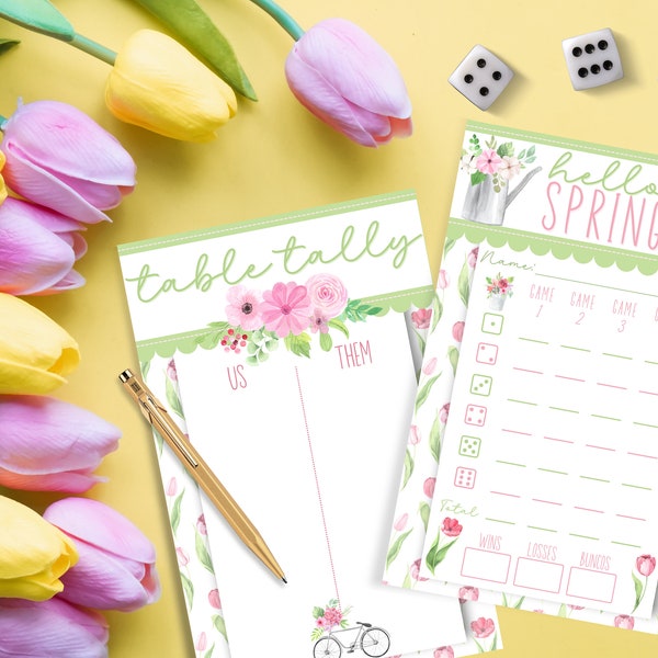 Printable Spring Flowers Bunco Set with Scorecards, Tally Sheets, Table Numbers, Ghost Player, and Sign-In Sheet - DIGITAL DOWNLOAD