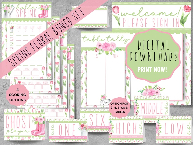 Spring Tally Sign Printable Spring Flowers Bunco Set With Scorecards, Tally Sheets, Table ...
