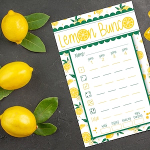 Afdrukbare Lemon Bunco Set met scorekaarten, telbladen, tafelnummers - Limonade Bunko Dice Game Digitale Download - Zomer Bunco Thema Idee