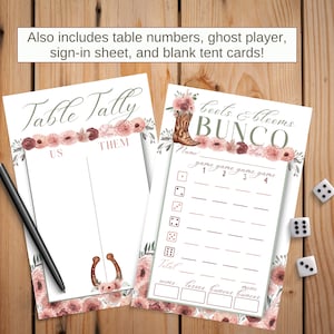 May include: Two printable game cards with a pink floral design. The first card is a table tally sheet with the words "US" and "THEM". The second card is a "Boots & Blooms Bunco" scorecard with a pink floral design and a brown cowboy boot.