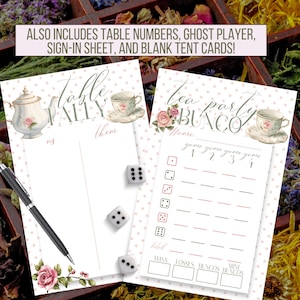 Ensemble imprimable Tea Party Bunco avec cartes de pointage, feuilles de pointage, numéros de table, joueur fantôme - jeu de dés en téléchargement numérique soirée entre filles