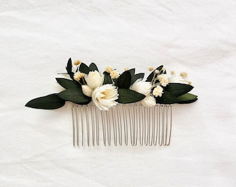 Peigne à cheveux en fleurs et eucalyptus, Coiffure mariée, Peigne floral vert