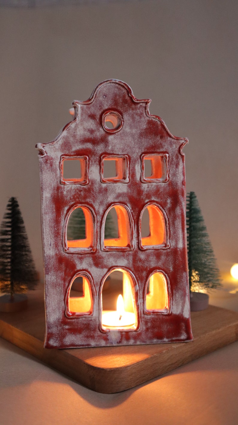 Handmade cremic tealight holder design with holiday house gift for friend housewarming miniature house candle holder image 1