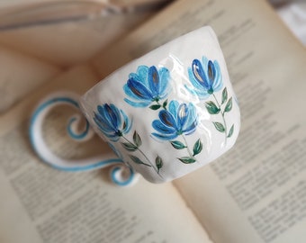 Blue flower ceramic mug gift for friend