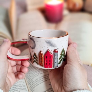 Winter mug handmade ceramic winter cup with snow and houses gift