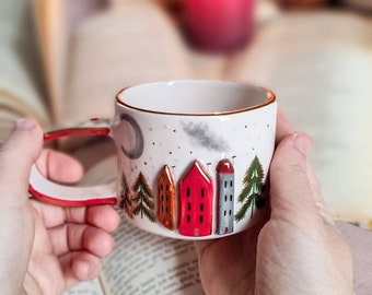 Winter mug handmade ceramic winter cup with snow and houses gift
