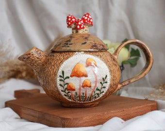 Pottery ceramic teapot a unique gift for her designed with mushroom