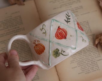 Tazza in ceramica a forma di zucca fatta a mano, tazza da caffè autunnale dipinta a mano, ceramica in stile cottagecore