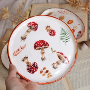 Handmade Ceramic Plate with Mushrooms. A Whimsical Touch of Nature