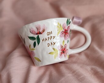 Ceramic handmade cup with pink flower coffee mug
