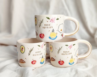 Handmade Good Morning Mug designed with breakfast plate a unique breakfast lover cup gift for her  300 ml ( 10.15 Oz )