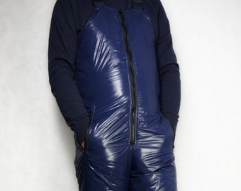 Glossy nylon Nylko shiny nylon Pants Ski pants Snow pants Dungarees Ski bibs trousers L navy blue dark blue