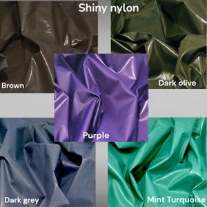 May include: A collection of shiny nylon fabric samples in various colors. The colors include brown, dark olive, purple, dark grey, and mint turquoise. The text "Shiny nylon" and color names are visible.