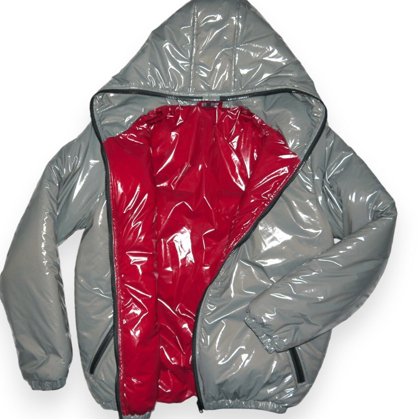 【KSTG】Padded NylonOX hoodedWorkJacket Glossy Nylon LACK PVC Wetlook Shiny Nylon Jacket With 25 Mm